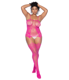 Combinaison grande taille en résille rose - MAL1105XNPK